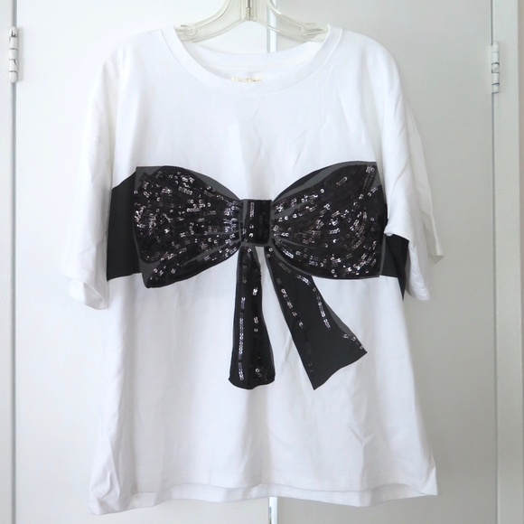 NEW Kate Spade Trompe L'oeil T-shirt - Sequinned Bow - Picture 1 of 5